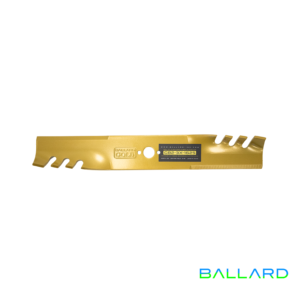 MULCHING Mower Blades: 16 1/4" Long, 13/16" Center Hole w/ Guide Holes, 2.5" Wide (Three Blade System) image number null