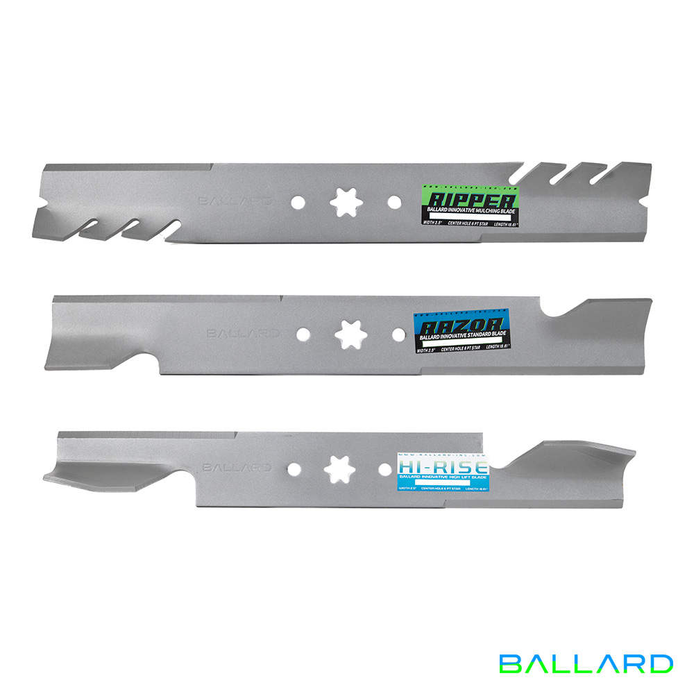 Silver Mower Blades:  17.27" Long,  2.5" Wide, 6 PT Star Center Hole (w/ guide holes)Thickness- .203"(Three Blades) image number null